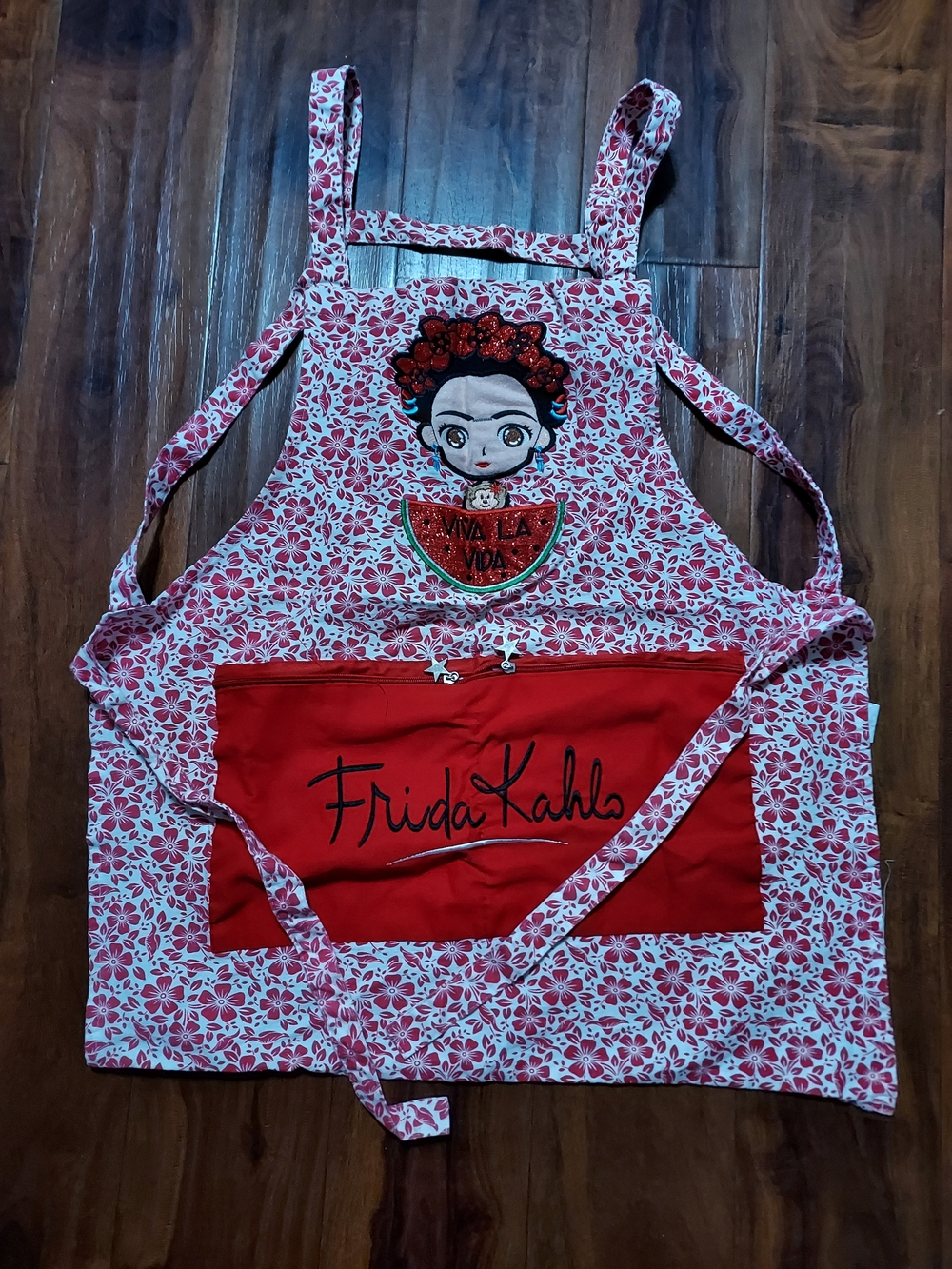 Frida Kahlo Red Floral Apron with Front Pocket